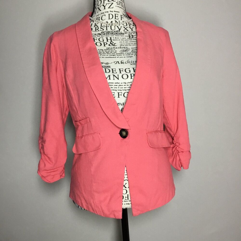 Coral linen blend 3/4 sleeve blazer jacket feminine fairycore business casual S